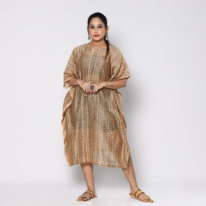 Beige - Bagru Block Printing Chanderi Silk Kaftan with Tie-Up Waist (Medium)