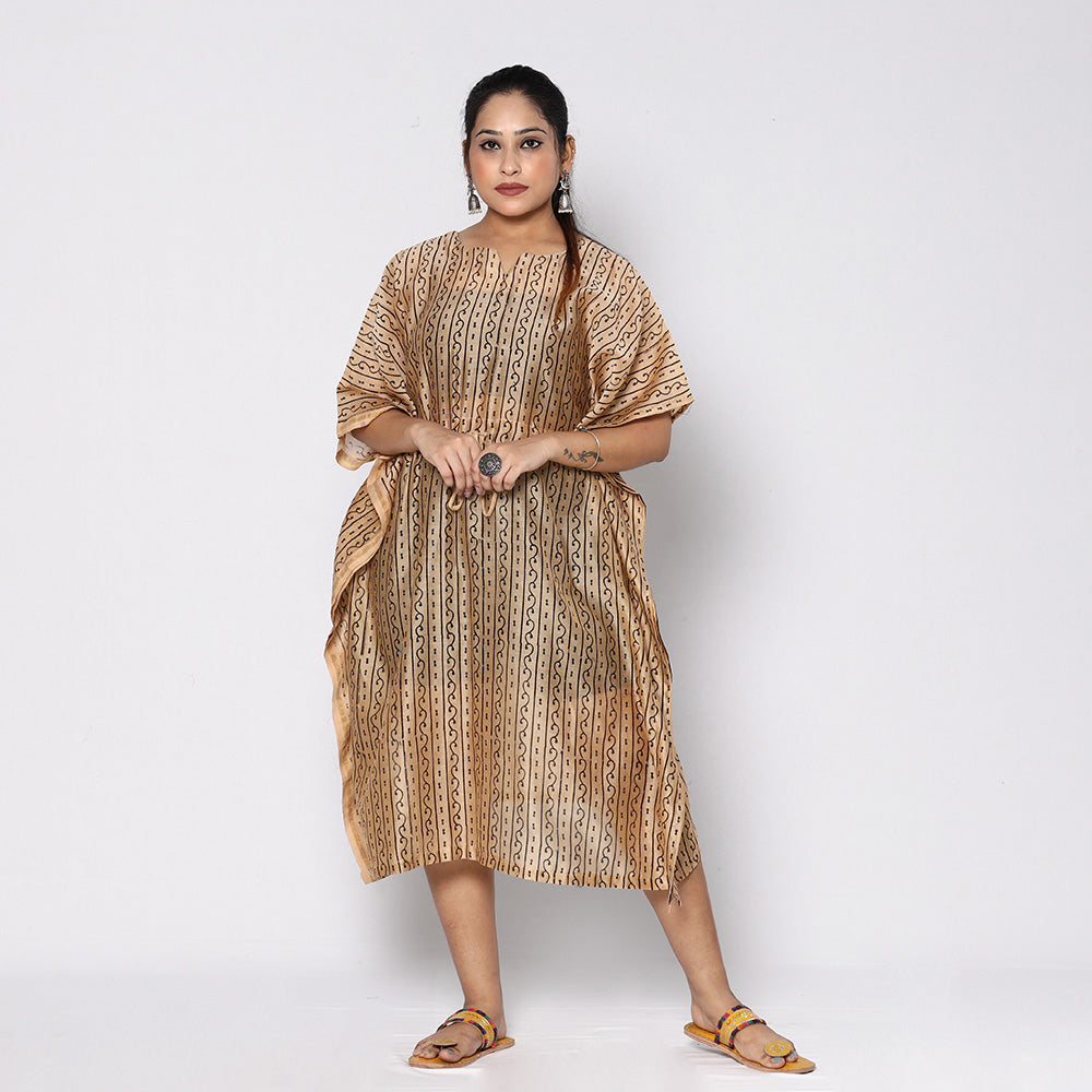 Beige - Bagru Block Printing Chanderi Silk Kaftan with Tie-Up Waist (Medium)