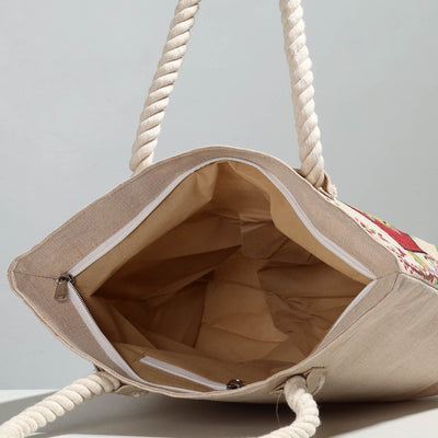 Beige - Birds - Handpainted Jute Cotton Shoulder Bag
