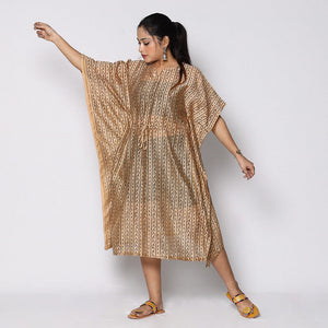 Beige - Bagru Block Printing Chanderi Silk Kaftan with Tie-Up Waist (Medium)