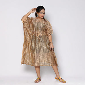 Beige - Bagru Block Printing Chanderi Silk Kaftan with Tie-Up Waist (Medium)