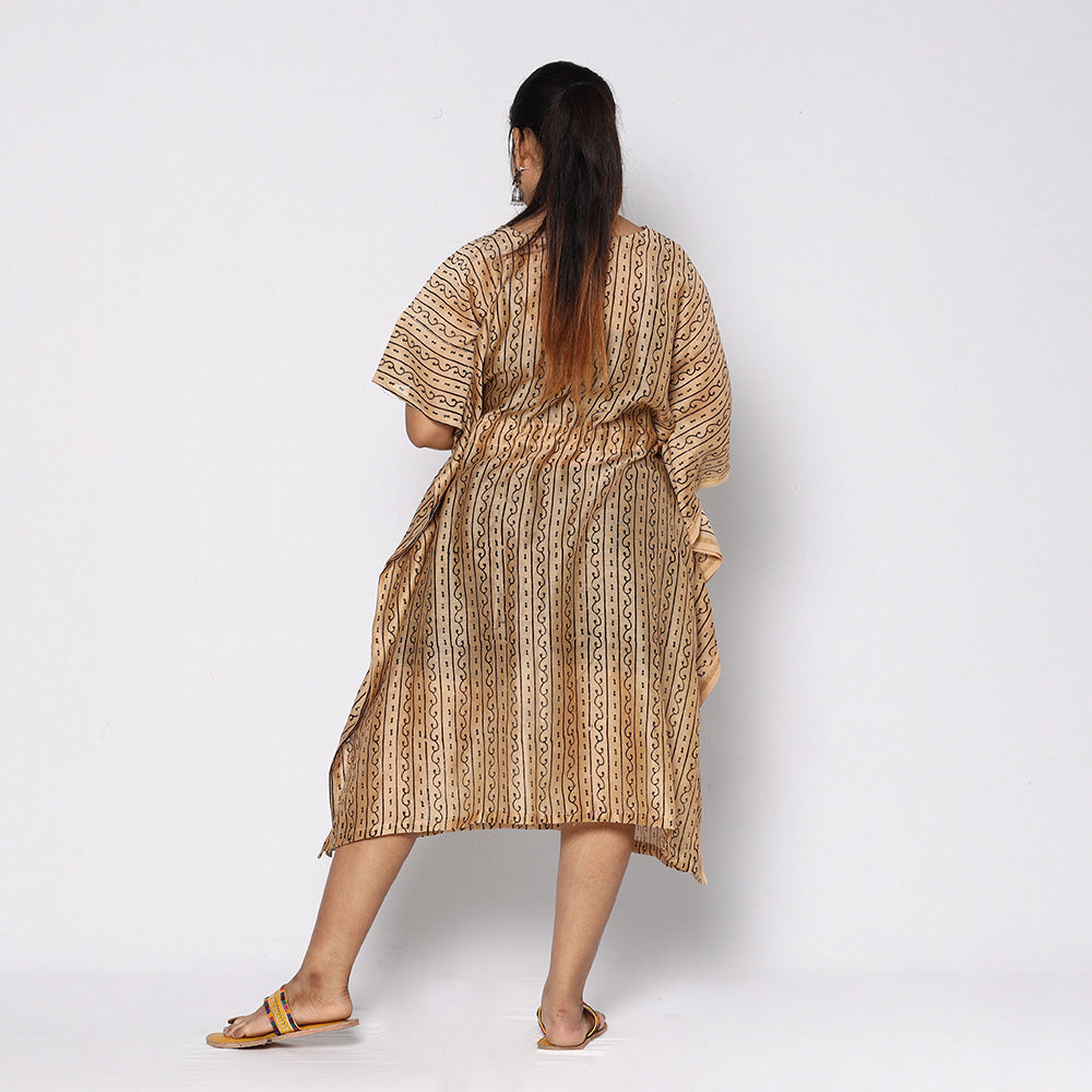 Beige - Bagru Block Printing Chanderi Silk Kaftan with Tie-Up Waist (Medium)