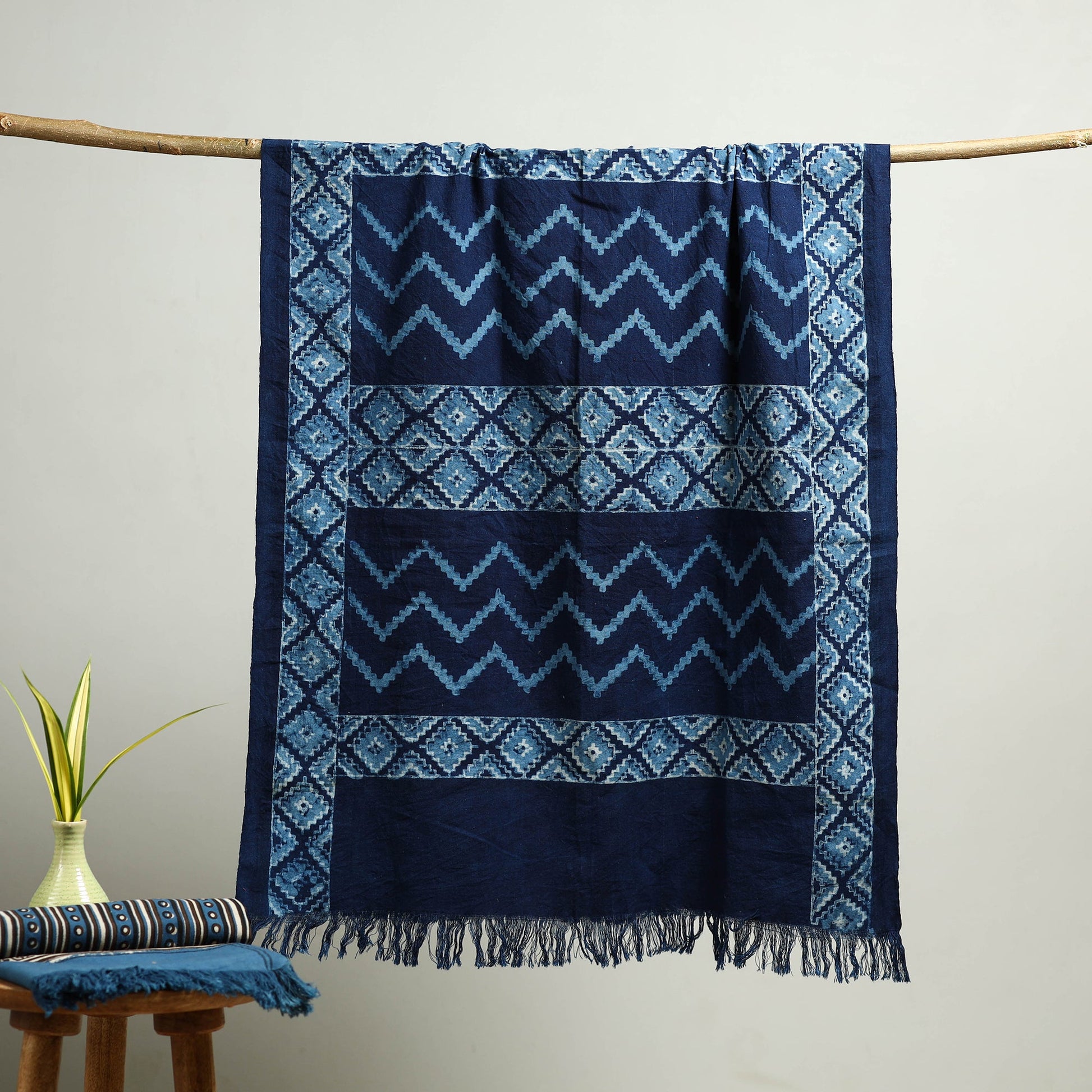 Blue - Block Print Cotton Akola Handloom Towel 38