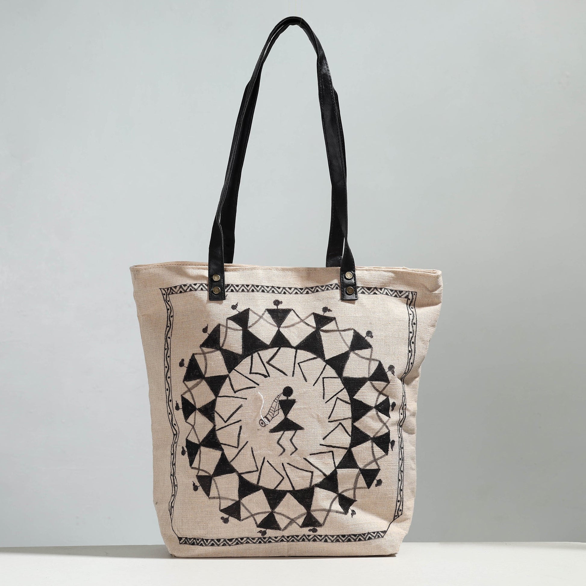 Beige - Warli Handpainted Jute Cotton Shoulder Bag