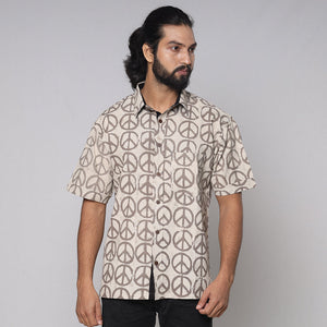 Beige - Bindaas Block Printed Natural Dyed Cotton Men Half Sleeve Shirt