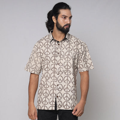 Beige - Bindaas Block Printed Natural Dyed Cotton Men Half Sleeve Shirt