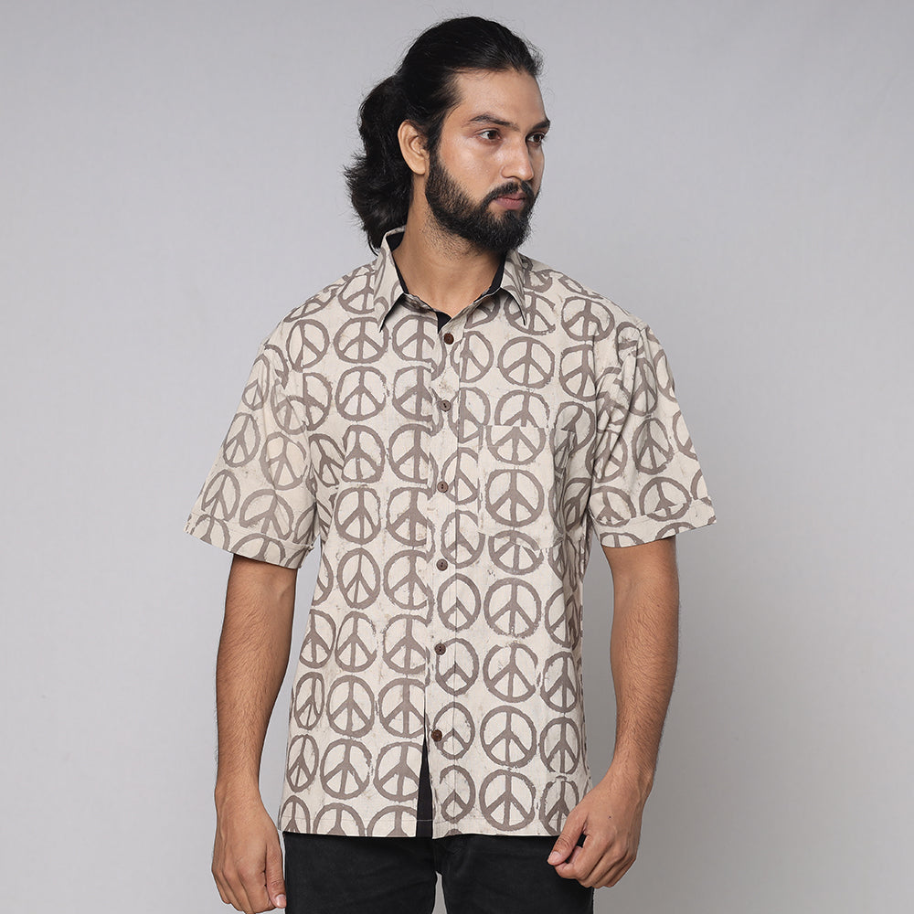 Beige - Bindaas Block Printed Natural Dyed Cotton Men Half Sleeve Shirt