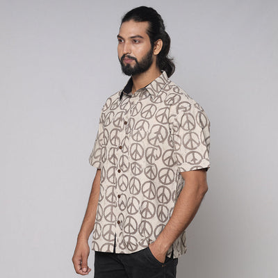 Beige - Bindaas Block Printed Natural Dyed Cotton Men Half Sleeve Shirt
