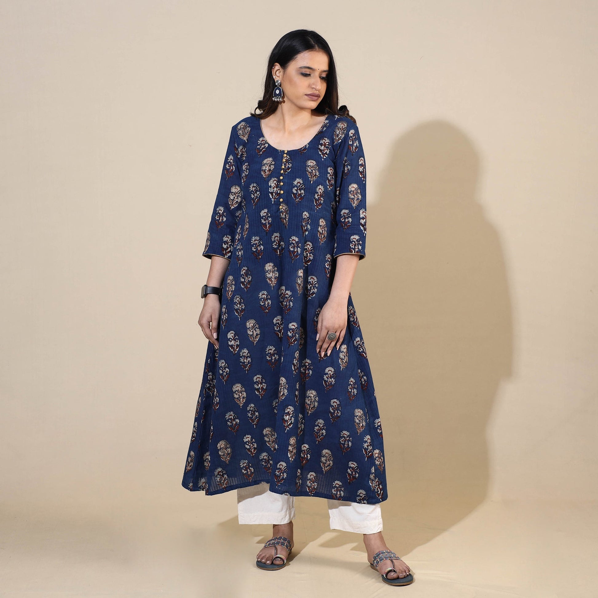 Blue - Bagru Hand Block Printed Cotton Long Kurta