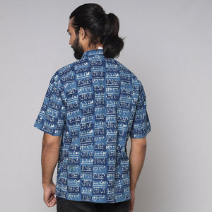 Blue - Bindaas Block Printed Natural Dyed Cotton Men Half Sleeve Shirt
