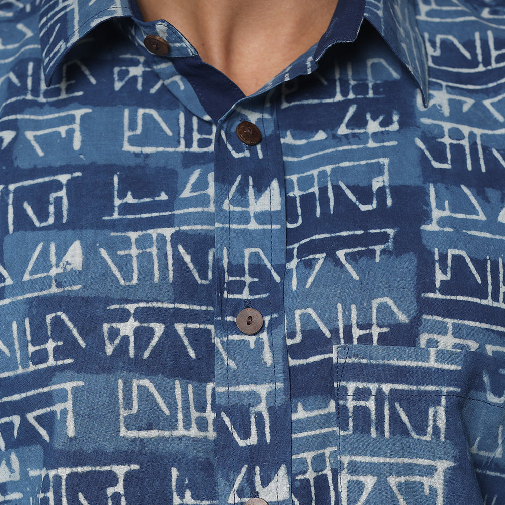 Blue - Bindaas Block Printed Natural Dyed Cotton Men Half Sleeve Shirt