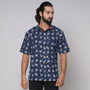 Blue - Bindaas Block Printed Natural Dyed Cotton Men Half Sleeve Shirt