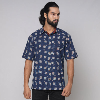 Blue - Bindaas Block Printed Natural Dyed Cotton Men Half Sleeve Shirt