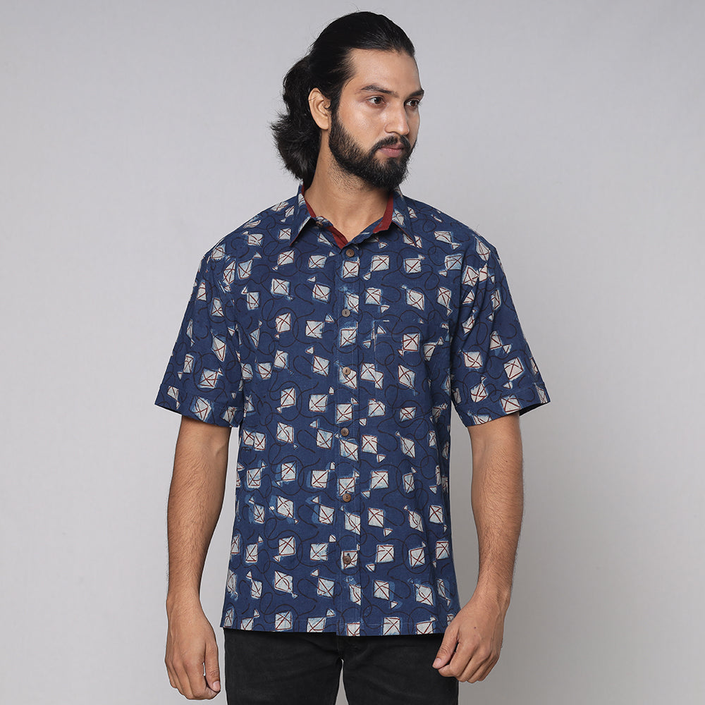 Blue - Bindaas Block Printed Natural Dyed Cotton Men Half Sleeve Shirt