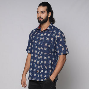 Blue - Bindaas Block Printed Natural Dyed Cotton Men Half Sleeve Shirt
