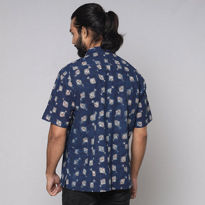 Blue - Bindaas Block Printed Natural Dyed Cotton Men Half Sleeve Shirt