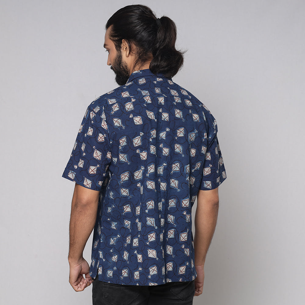 Blue - Bindaas Block Printed Natural Dyed Cotton Men Half Sleeve Shirt