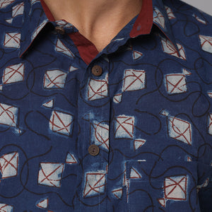 Blue - Bindaas Block Printed Natural Dyed Cotton Men Half Sleeve Shirt