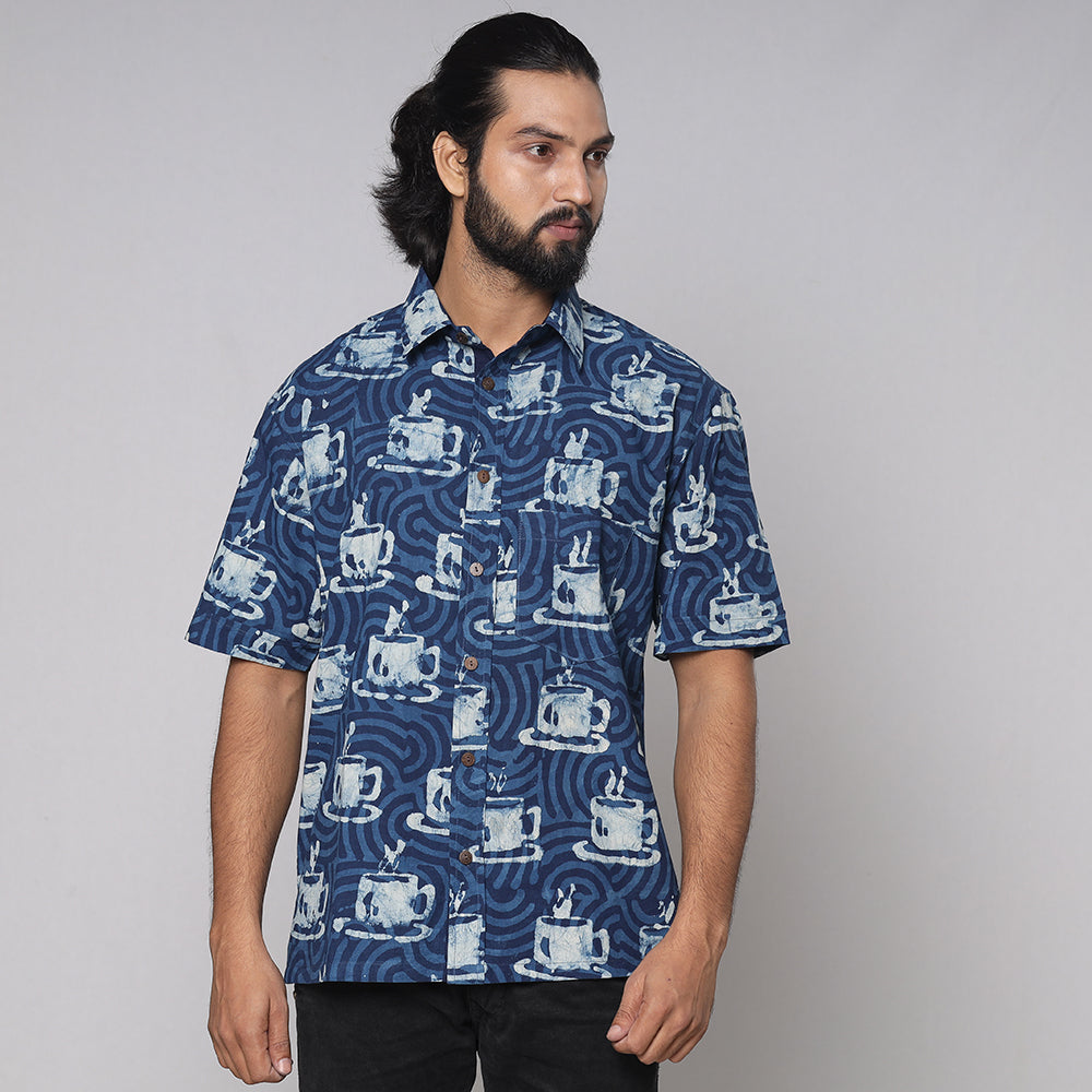 Blue - Bindaas Block Printed Natural Dyed Cotton Men Half Sleeve Shirt