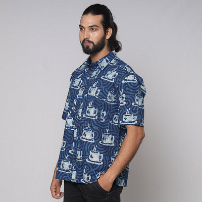 Blue - Bindaas Block Printed Natural Dyed Cotton Men Half Sleeve Shirt