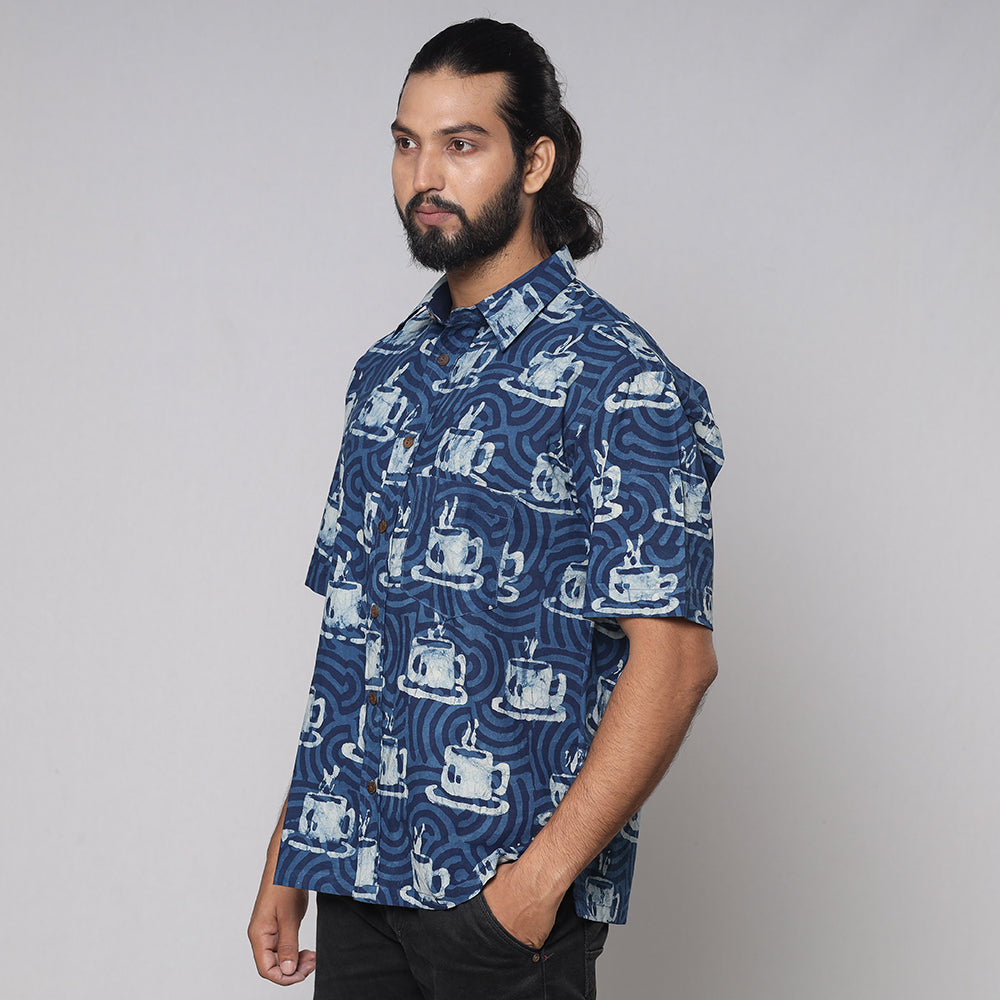 Blue - Bindaas Block Printed Natural Dyed Cotton Men Half Sleeve Shirt