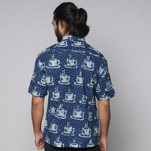 Blue - Bindaas Block Printed Natural Dyed Cotton Men Half Sleeve Shirt