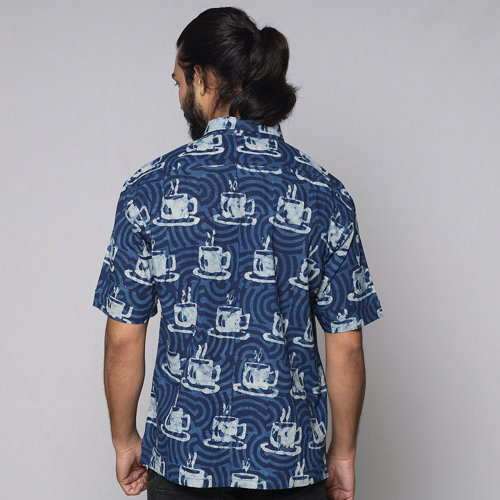 Blue - Bindaas Block Printed Natural Dyed Cotton Men Half Sleeve Shirt
