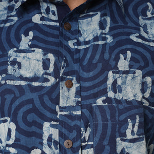 Blue - Bindaas Block Printed Natural Dyed Cotton Men Half Sleeve Shirt