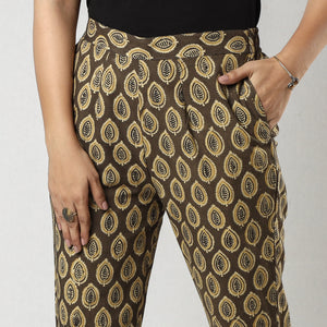 Brown - Ajrakh Block Printed Cotton Tapered Casual Pant for Women