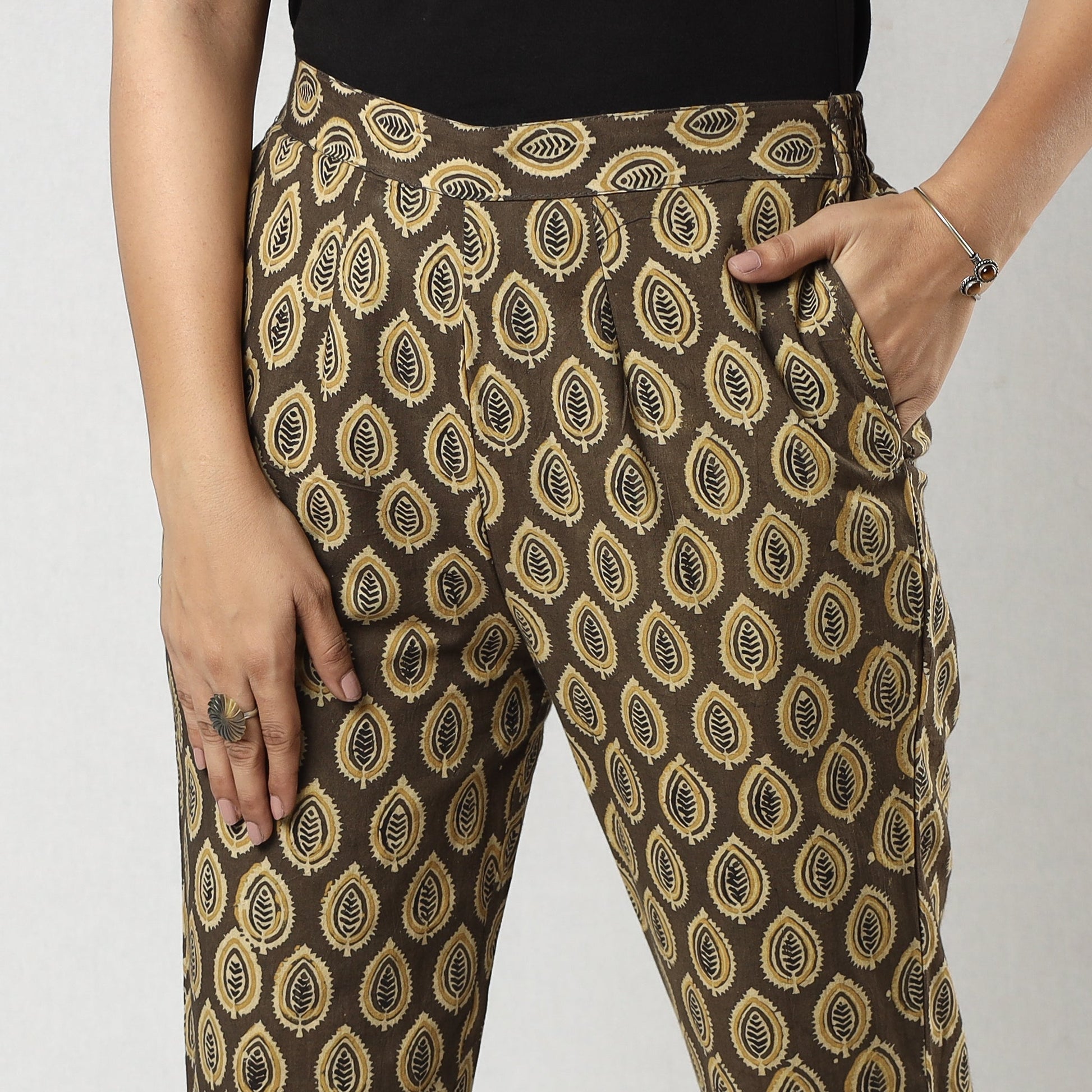 Brown - Ajrakh Block Printed Cotton Tapered Casual Pant for Women