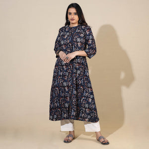 Blue - Bagru Hand Block Printed Cotton A-Line Long Kurta 08