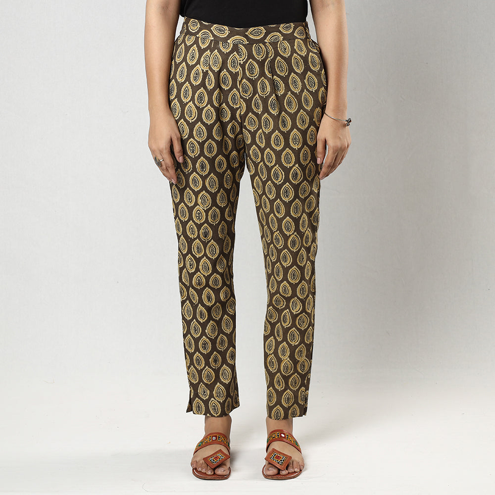 Brown - Ajrakh Block Printed Cotton Tapered Casual Pant for Women
