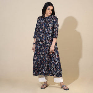 Blue - Bagru Hand Block Printed Cotton A-Line Long Kurta 08