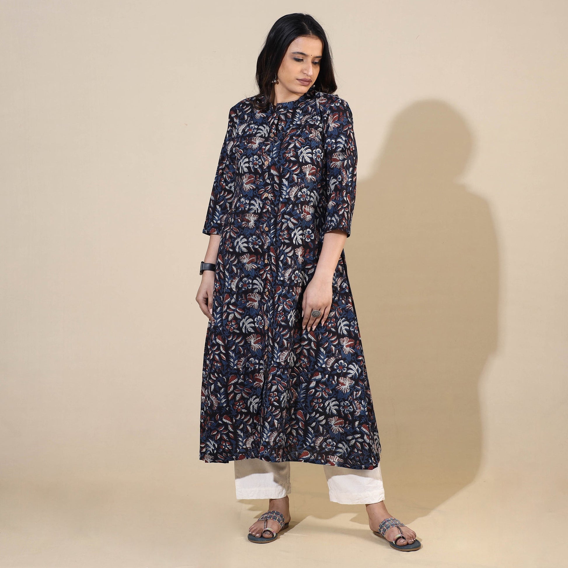 Blue - Bagru Hand Block Printed Cotton A-Line Long Kurta 08