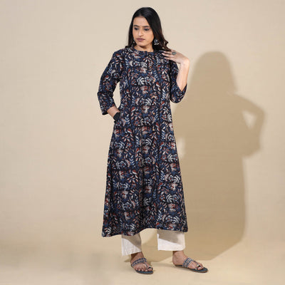 Blue - Bagru Hand Block Printed Cotton A-Line Long Kurta 08