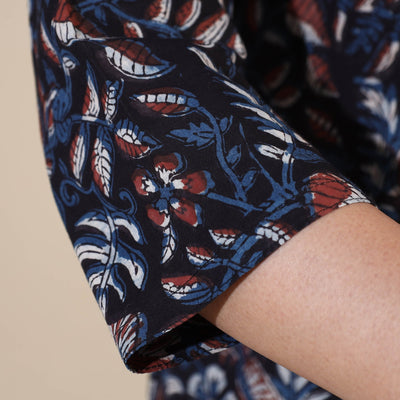 Blue - Bagru Hand Block Printed Cotton A-Line Long Kurta 08