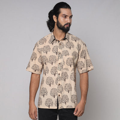 Beige - Bindaas Block Printed Natural Dyed Cotton Men Half Sleeve Shirt