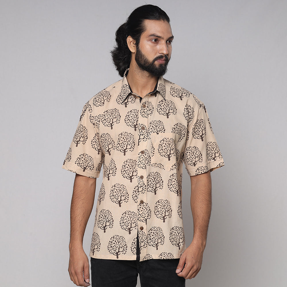 Beige - Bindaas Block Printed Natural Dyed Cotton Men Half Sleeve Shirt