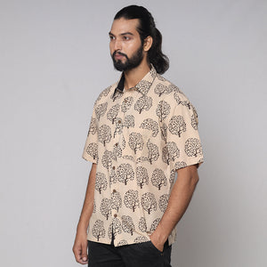 Beige - Bindaas Block Printed Natural Dyed Cotton Men Half Sleeve Shirt