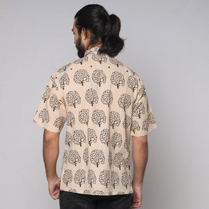 Beige - Bindaas Block Printed Natural Dyed Cotton Men Half Sleeve Shirt