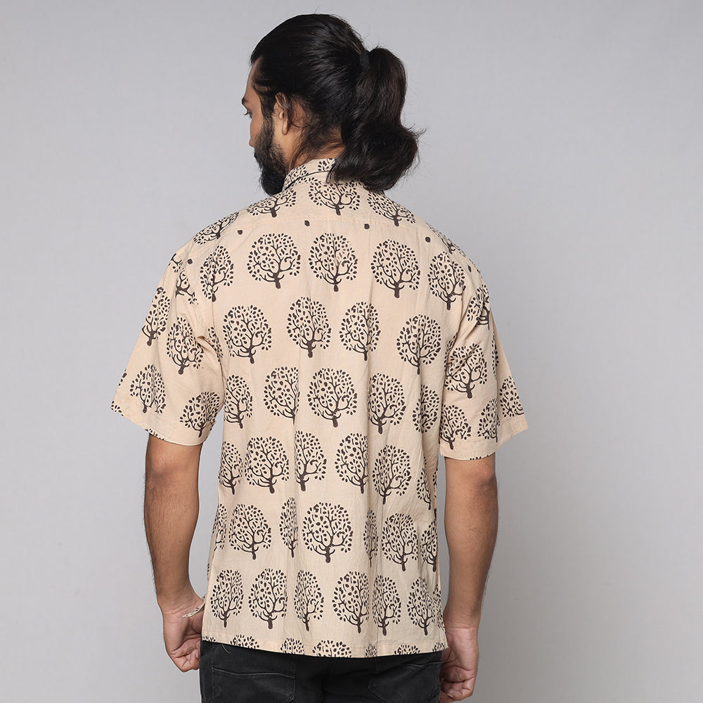 Beige - Bindaas Block Printed Natural Dyed Cotton Men Half Sleeve Shirt
