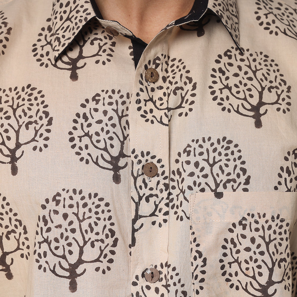 Beige - Bindaas Block Printed Natural Dyed Cotton Men Half Sleeve Shirt