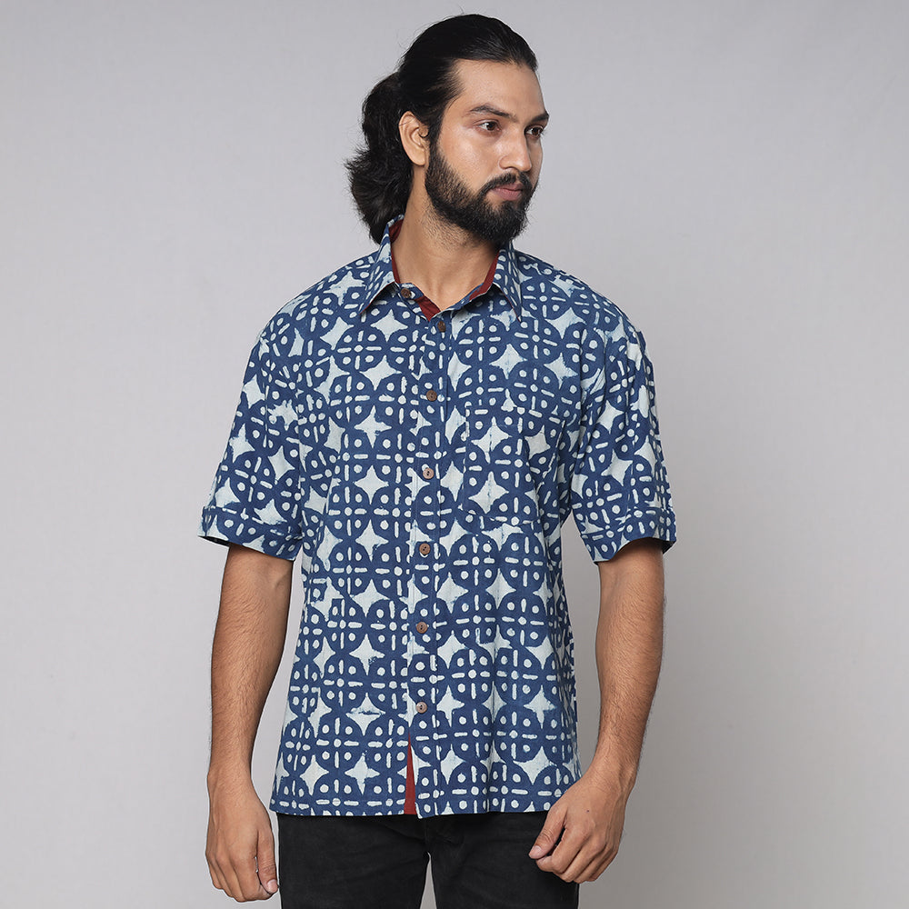Blue - Bindaas Block Printed Natural Dyed Cotton Men Half Sleeve Shirt