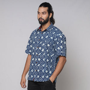 Blue - Bindaas Block Printed Natural Dyed Cotton Men Half Sleeve Shirt