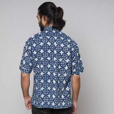 Blue - Bindaas Block Printed Natural Dyed Cotton Men Half Sleeve Shirt