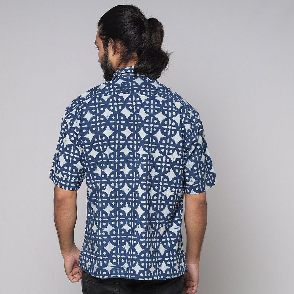 Blue - Bindaas Block Printed Natural Dyed Cotton Men Half Sleeve Shirt
