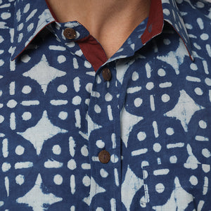 Blue - Bindaas Block Printed Natural Dyed Cotton Men Half Sleeve Shirt