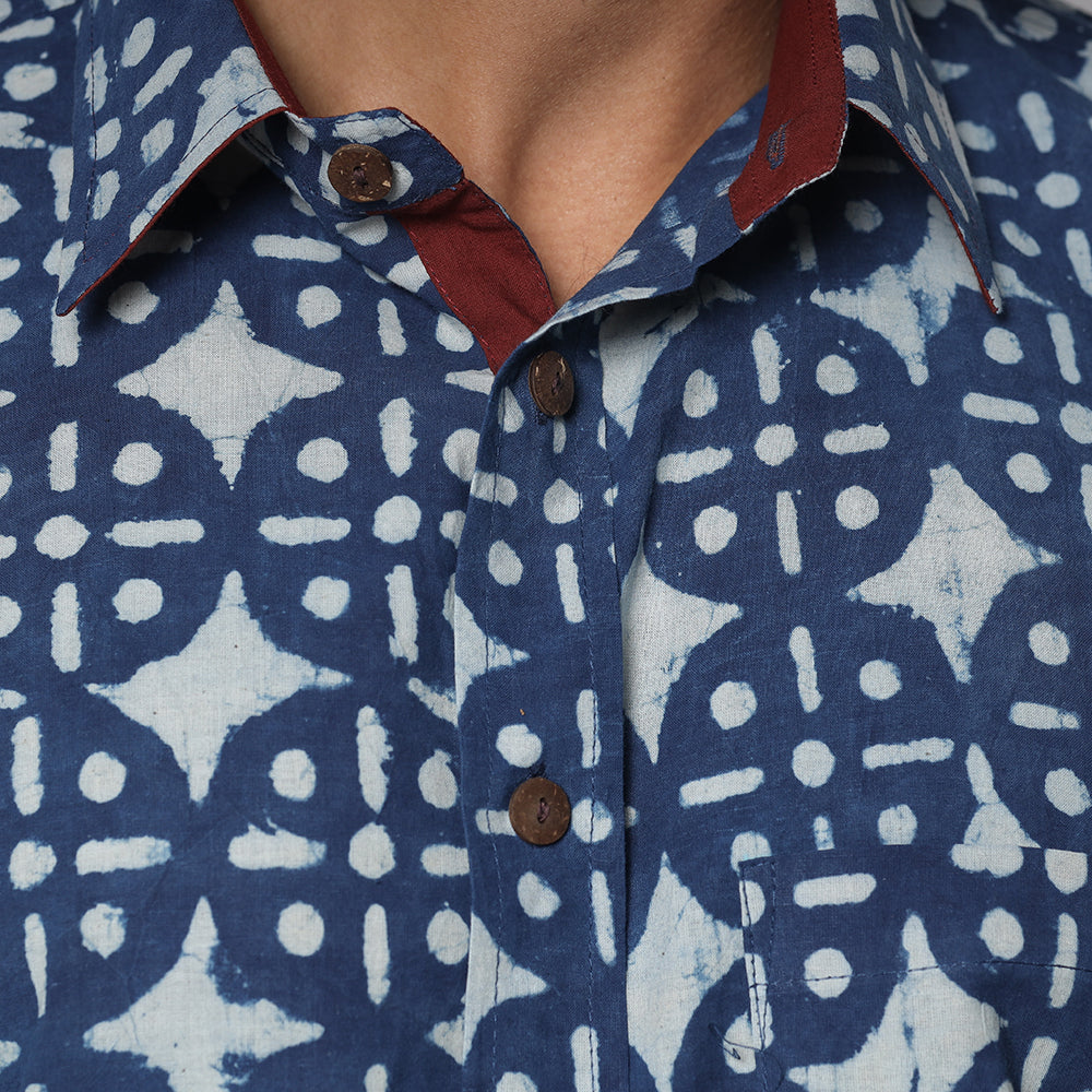Blue - Bindaas Block Printed Natural Dyed Cotton Men Half Sleeve Shirt