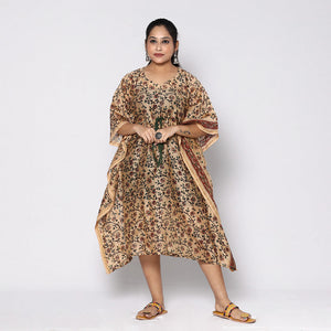 Beige - Sanganeri Block Printed Chanderi Silk Kaftan with Tie-Up Waist (Medium)