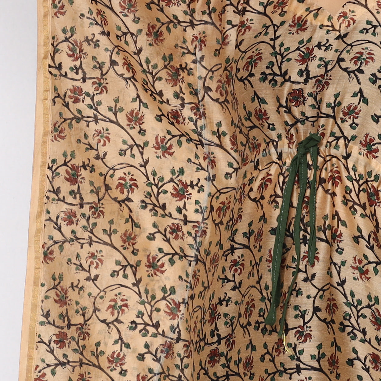Beige - Sanganeri Block Printed Chanderi Silk Kaftan with Tie-Up Waist (Medium)